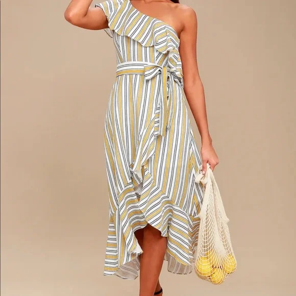 Lulus high tide yellow striped one shoulder midi dress - Picture 3 of 6